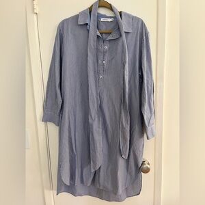 Mersea Light Blue Striped Midi Shirt Dress with Tie